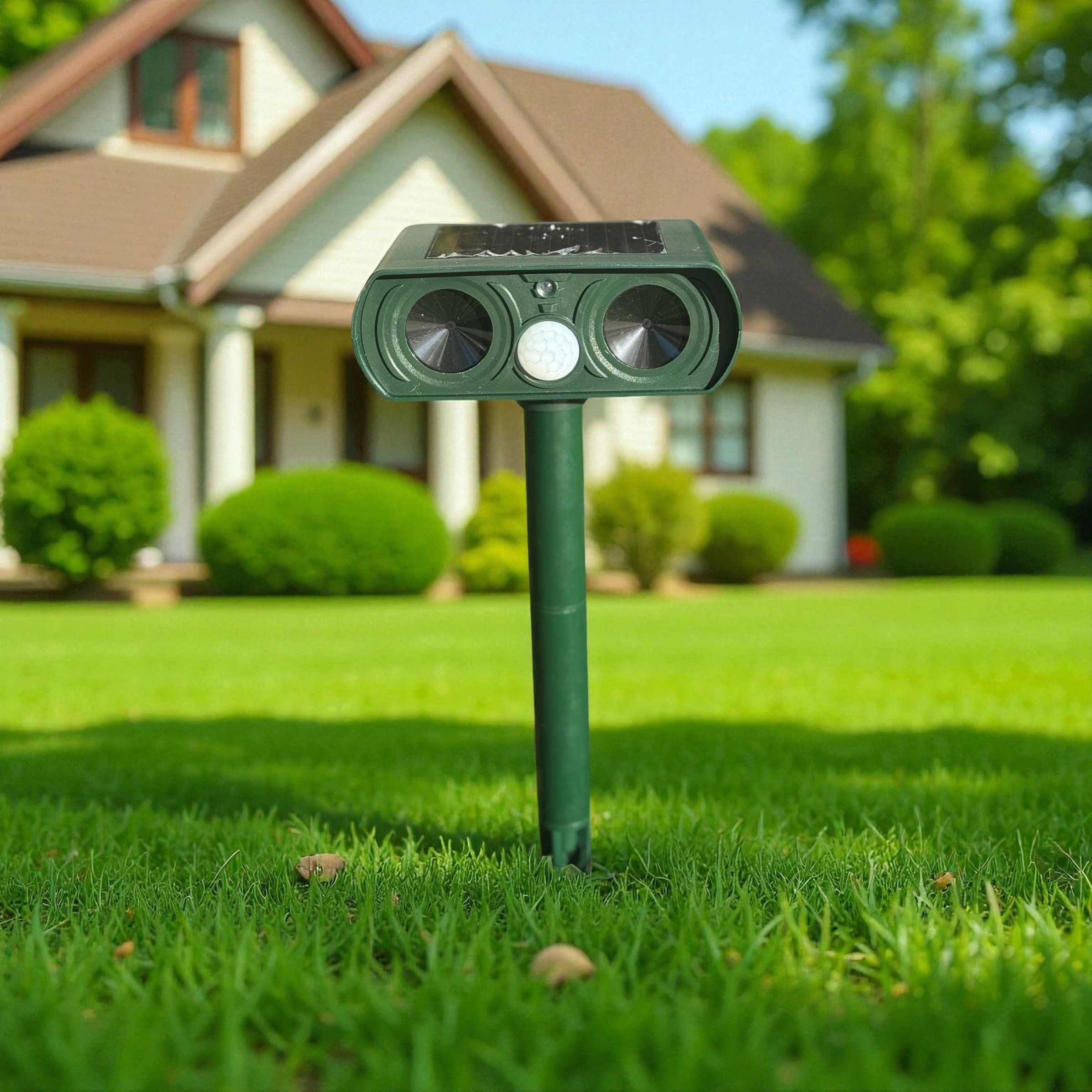Dual-Speaker Solar Ultrasonic Animal Repeller with Motion Sensor